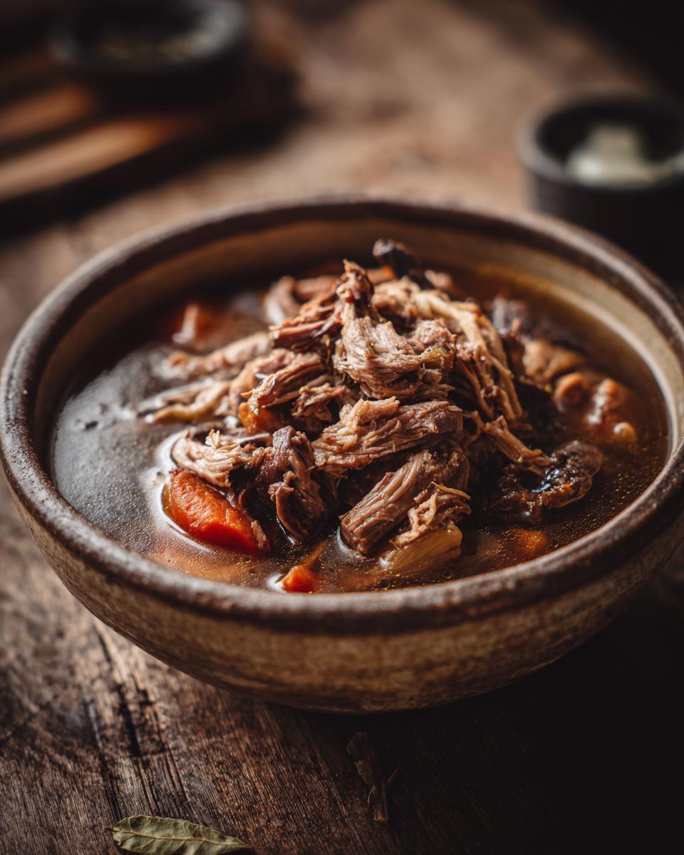 Close-up of a bowl of delicious oxtail soup with tender meat and vegetables.