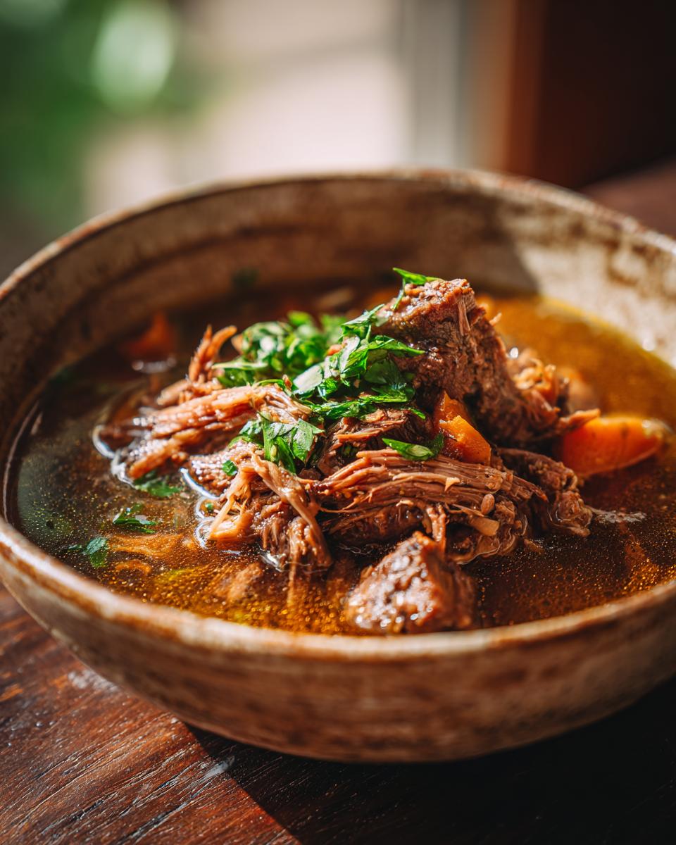 Close-up of a bowl of delicious oxtail soup with shredded meat, carrots, and fresh herbs.