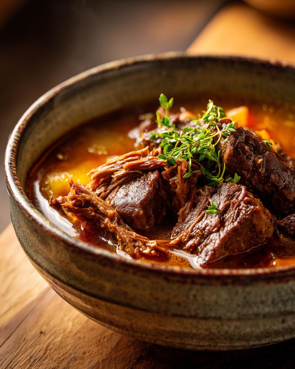 Close-up of a bowl of delicious oxtail soup, garnished with fresh herbs.