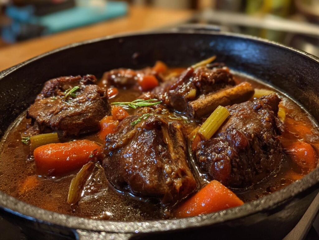 Close-up of a hearty oxtail stew with carrots, celery, and herbs in a cast iron skillet.