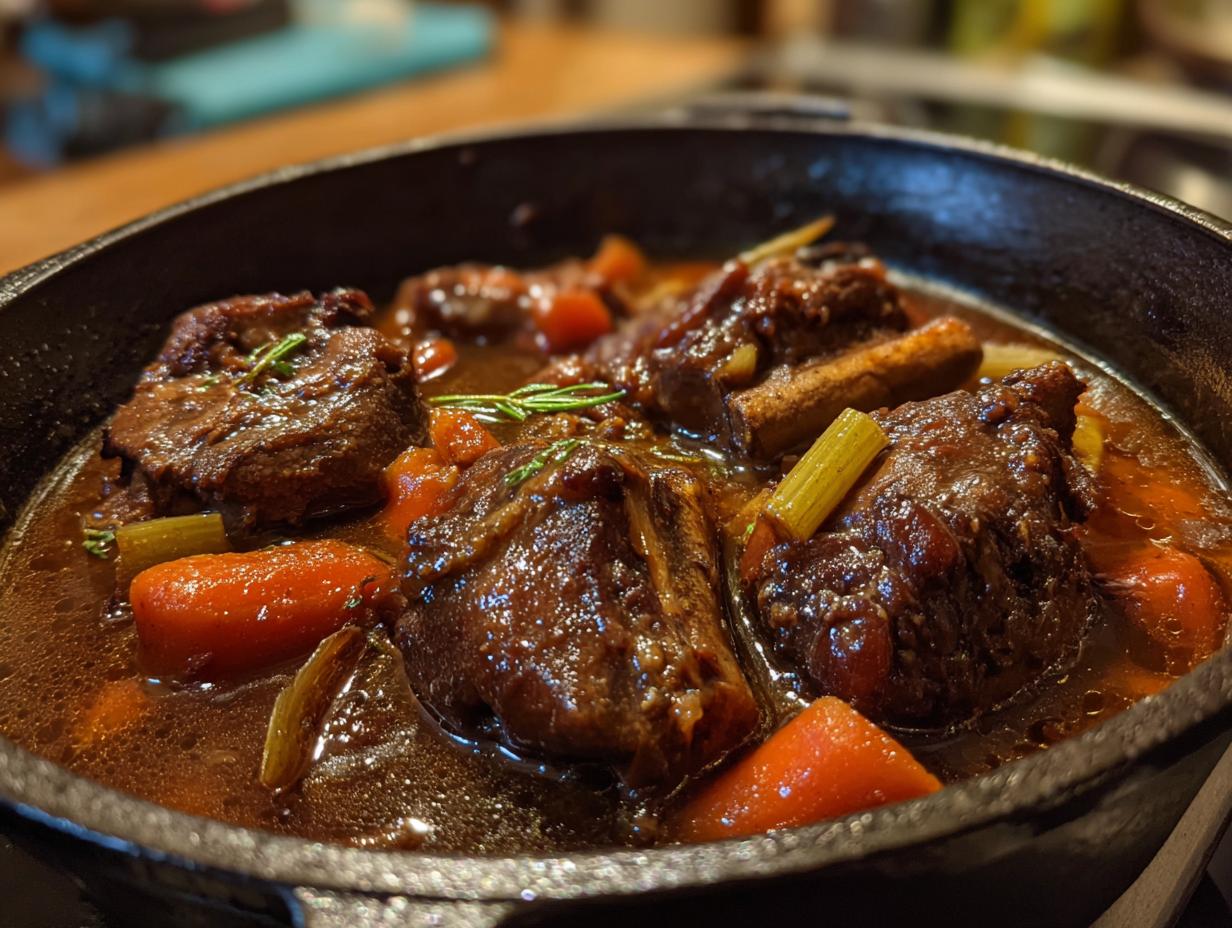 Close-up of a hearty oxtail stew with carrots, celery, and herbs in a cast iron skillet.