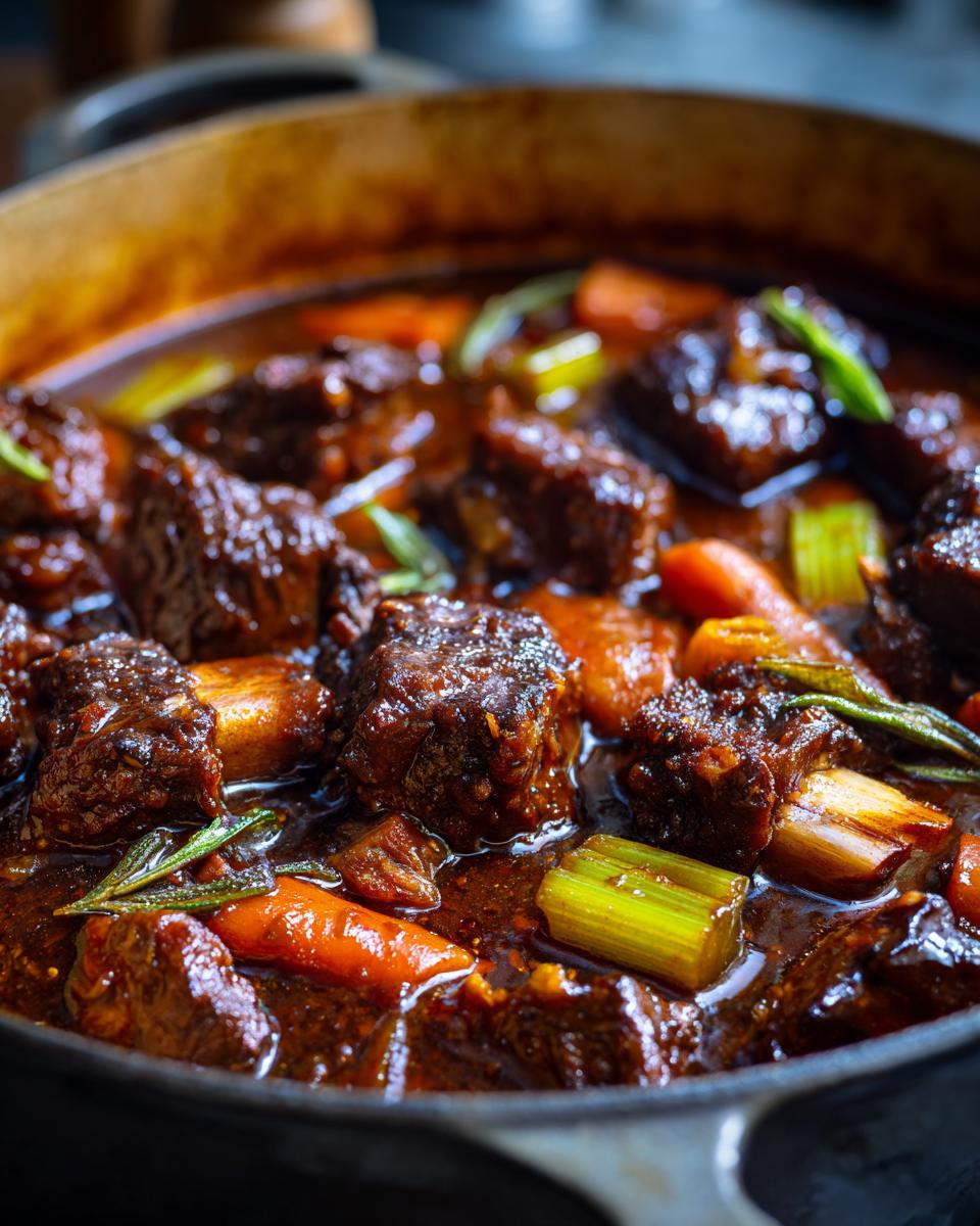 Close-up of a pot of rich, flavorful oxtail stew with carrots, celery, and herbs.