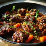 Close-up of a flavorful oxtail stew with carrots, herbs, and tender meat.