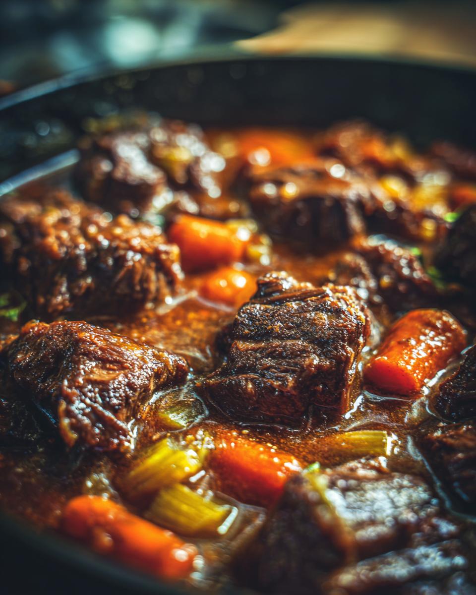 Close-up of a rich and flavorful oxtail stew with carrots and celery, perfect for a comforting meal.