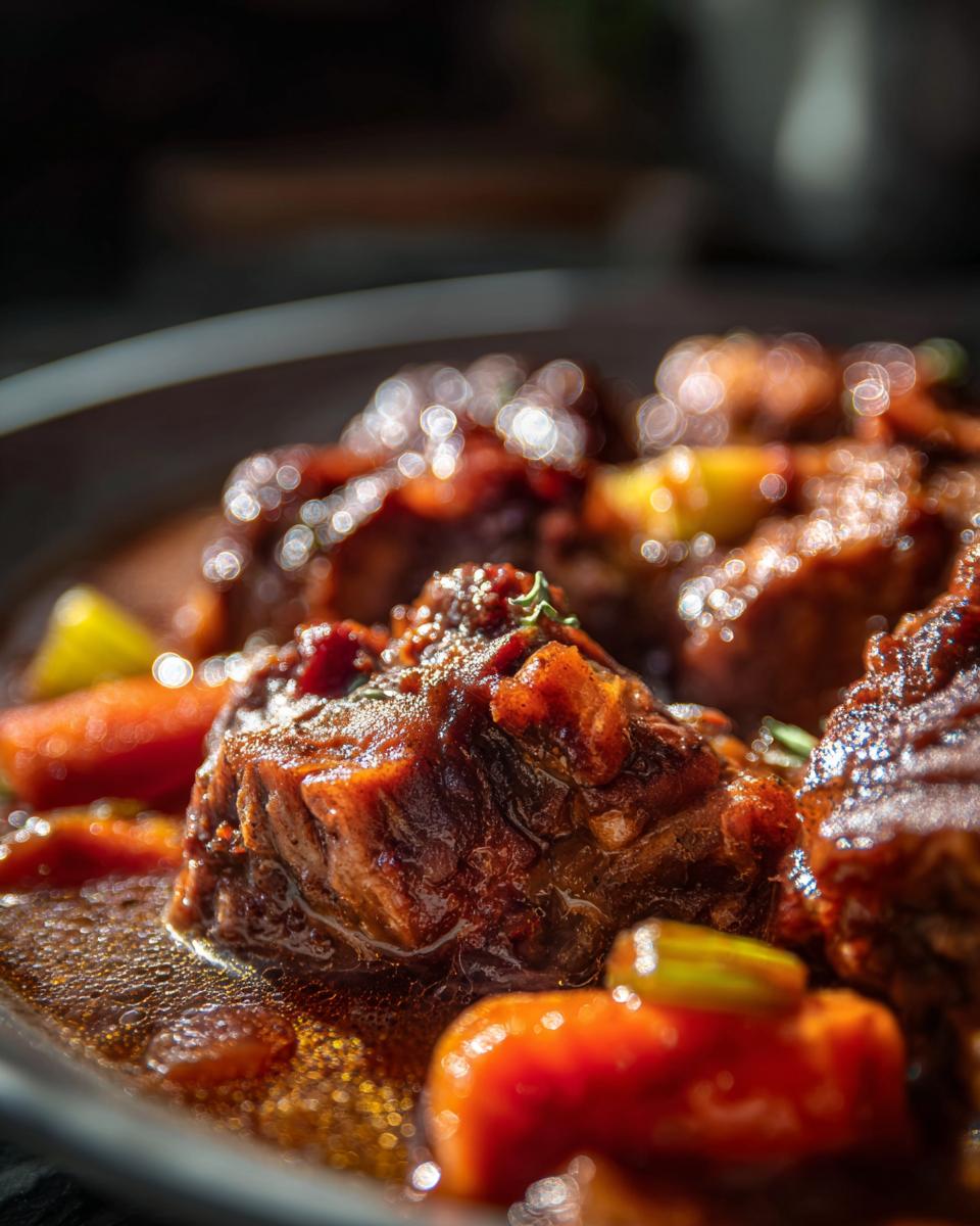 Close-up of a rich and flavorful oxtail stew with carrots and herbs.