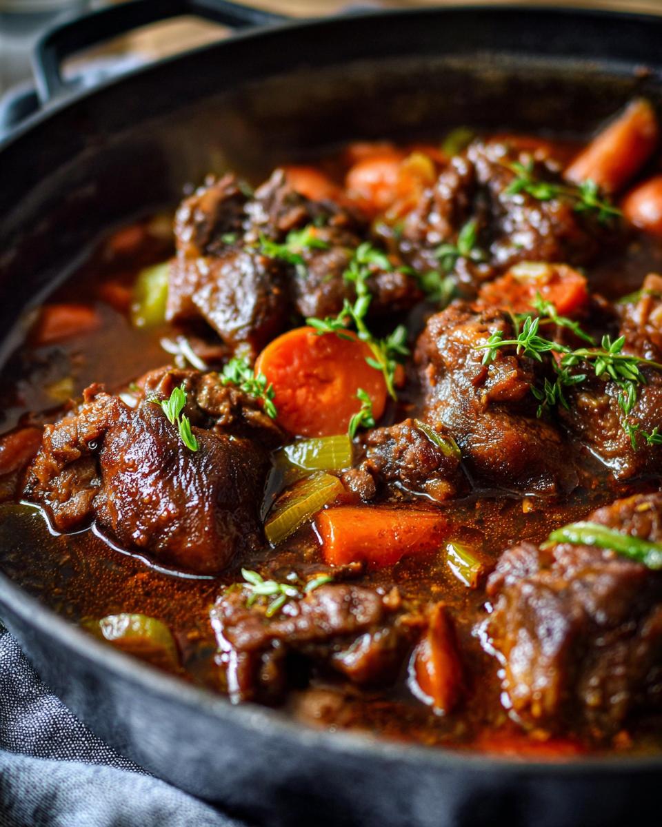 Close-up of a pot of rich and flavorful Oxtail Stew with carrots and herbs.