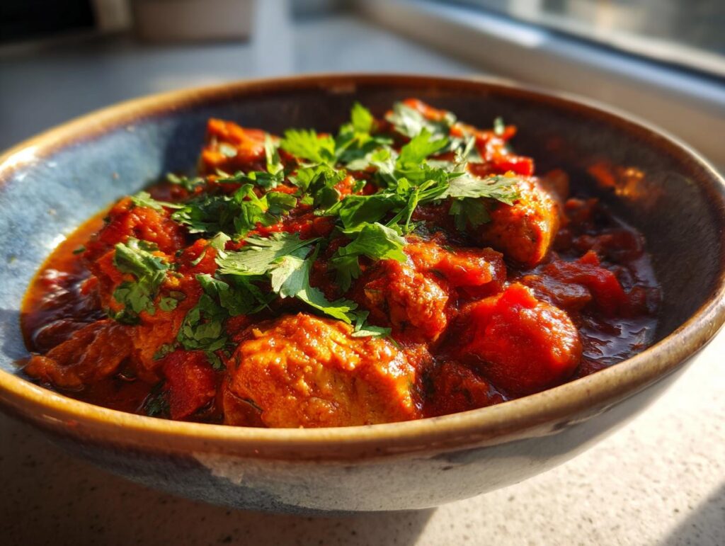 Close-up of a bowl of Pollo Guisado, a flavorful chicken stew, garnished with fresh herbs.