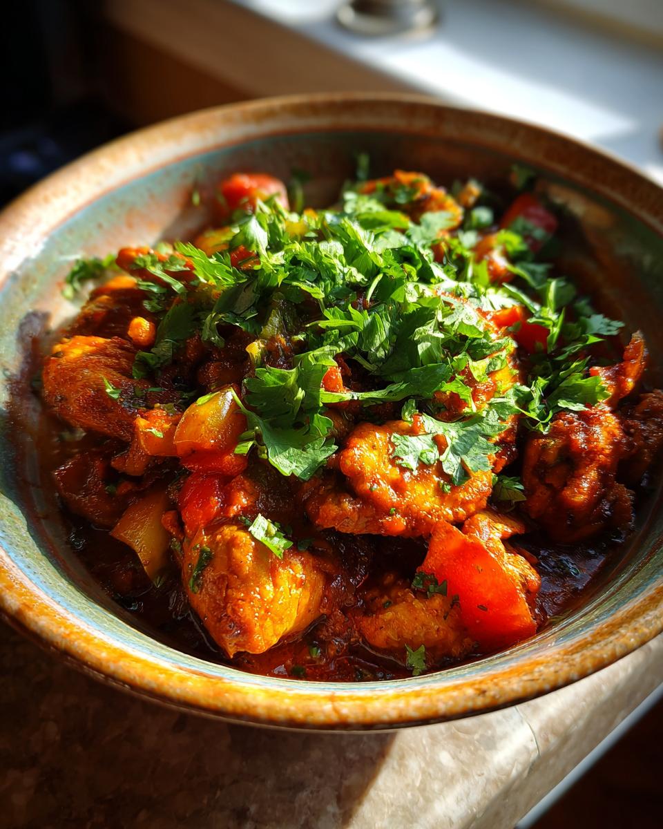 Close-up of Pollo Guisado in a bowl, garnished with fresh herbs. The flavorful chicken stew, Pollo Guisado.
