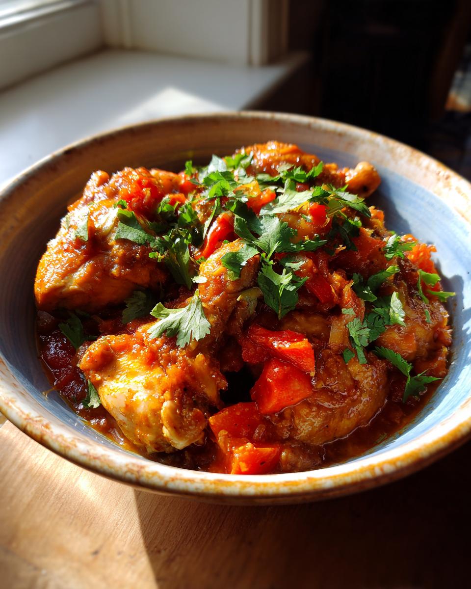 Close-up of Pollo Guisado in a blue bowl, garnished with fresh herbs.