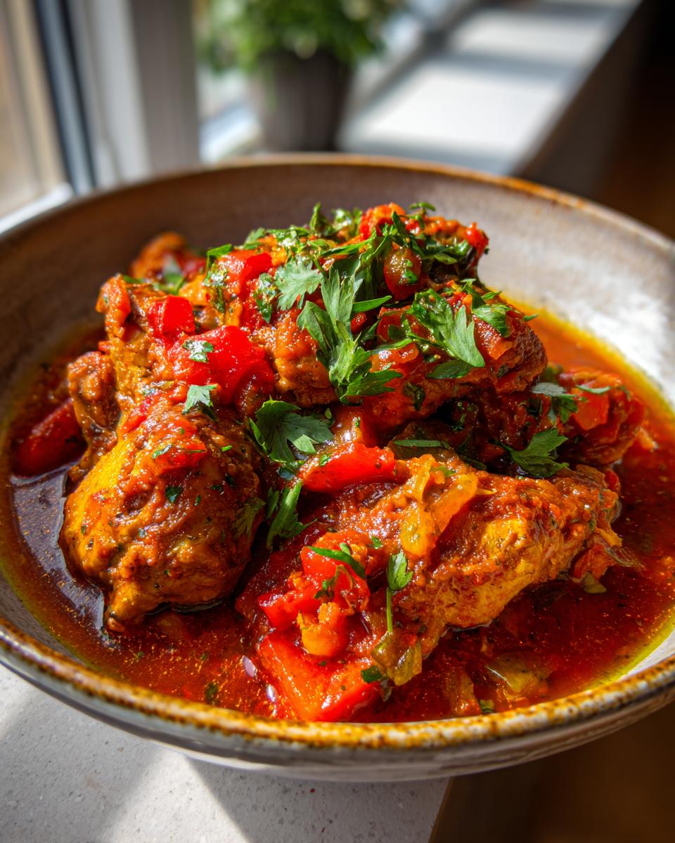 Close-up of a bowl of Pollo Guisado, a Dominican chicken stew, with tomatoes and herbs.