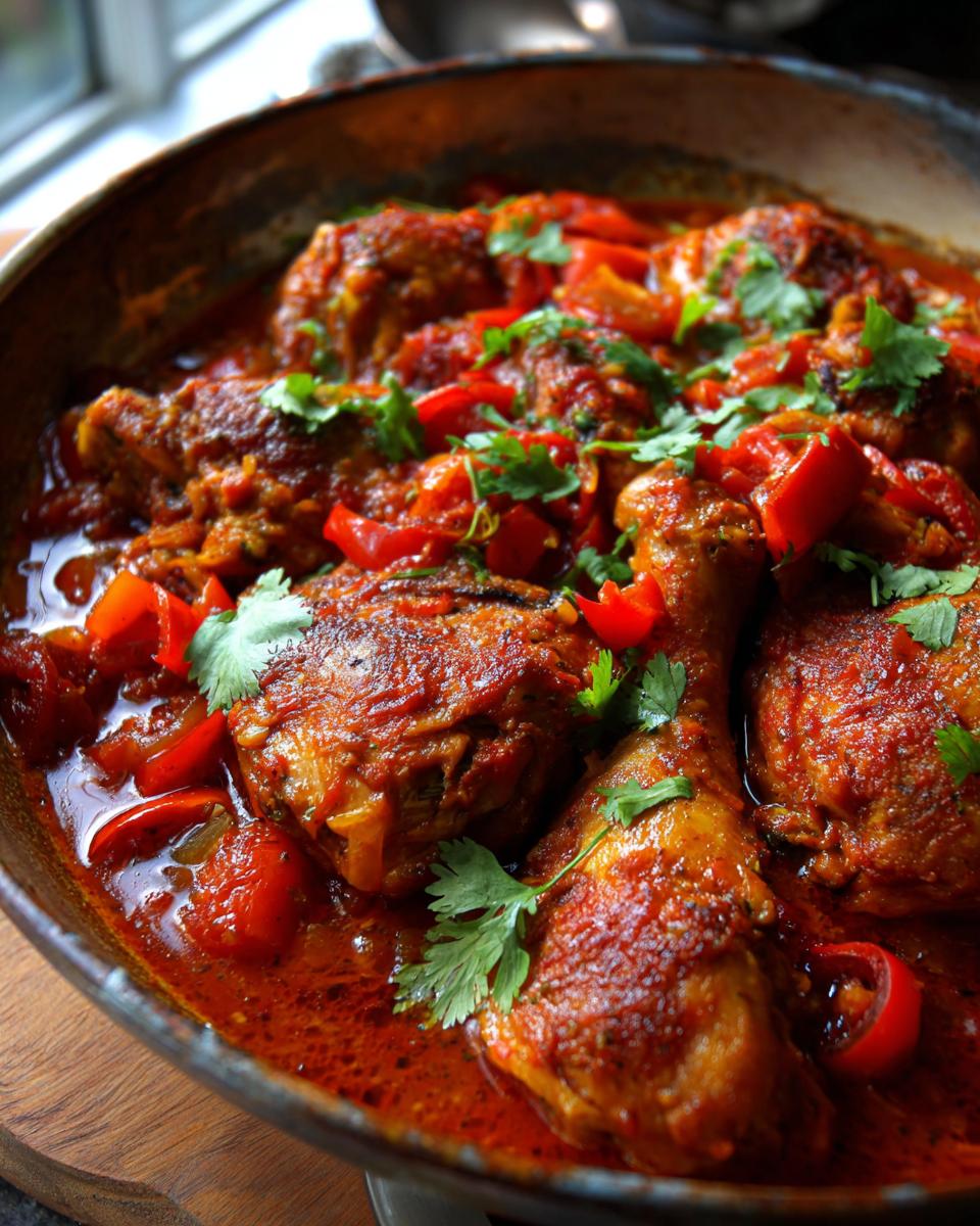 Close-up of Pollo Guisado in a pan, with chicken pieces, red peppers, and cilantro.