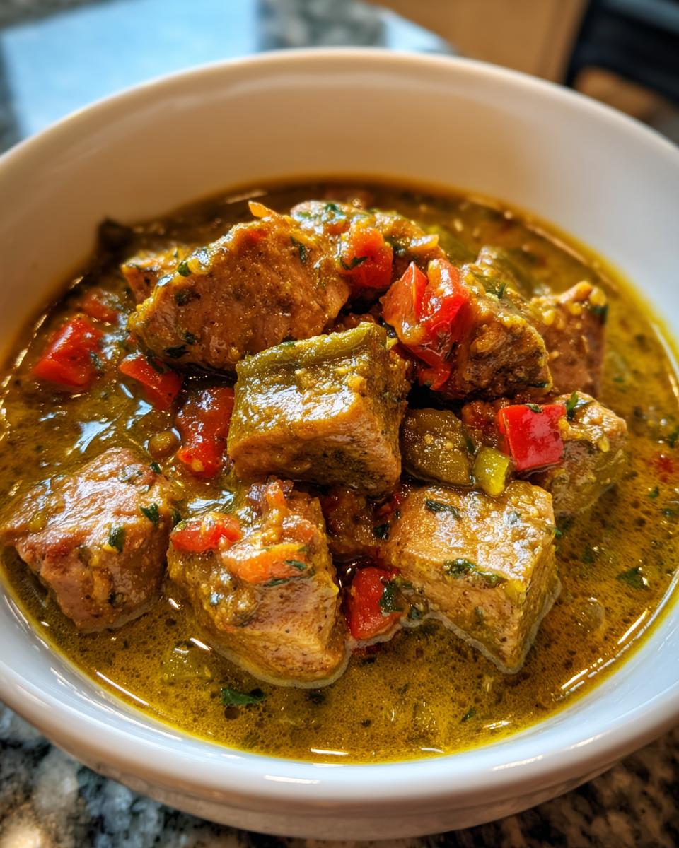 Close-up of a bowl of delicious Pork Green Chili with chunks of pork and vegetables in a flavorful broth.