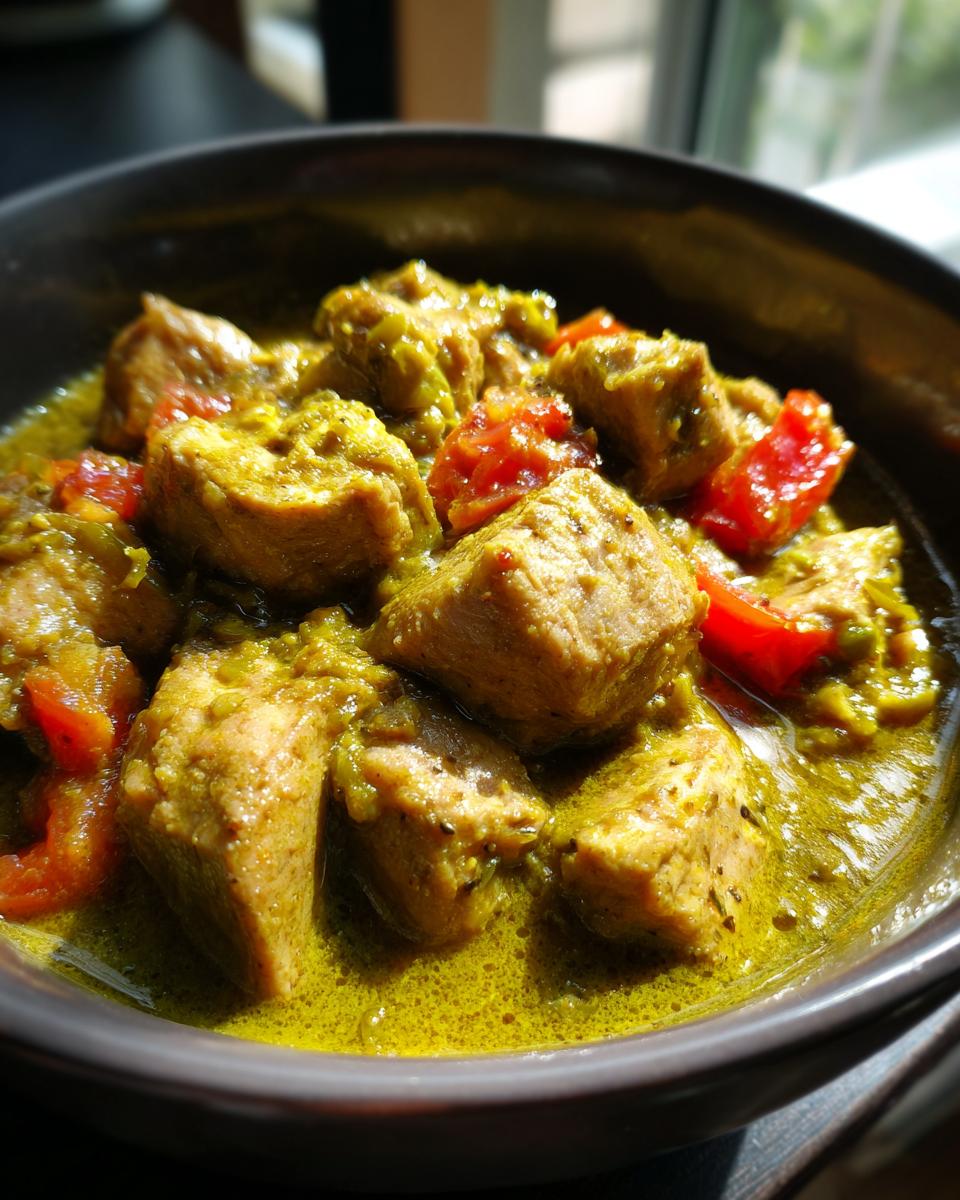 Amazing Pork Green Chili: 100% Comfort 3 Close-up of a bowl of delicious Pork Green Chili with chunks of pork and tomatoes.