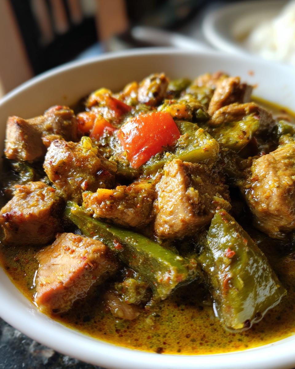 Amazing Pork Green Chili: 100% Comfort 4 Close-up of a bowl of Pork Green Chili, showing tender pork and green chilies.