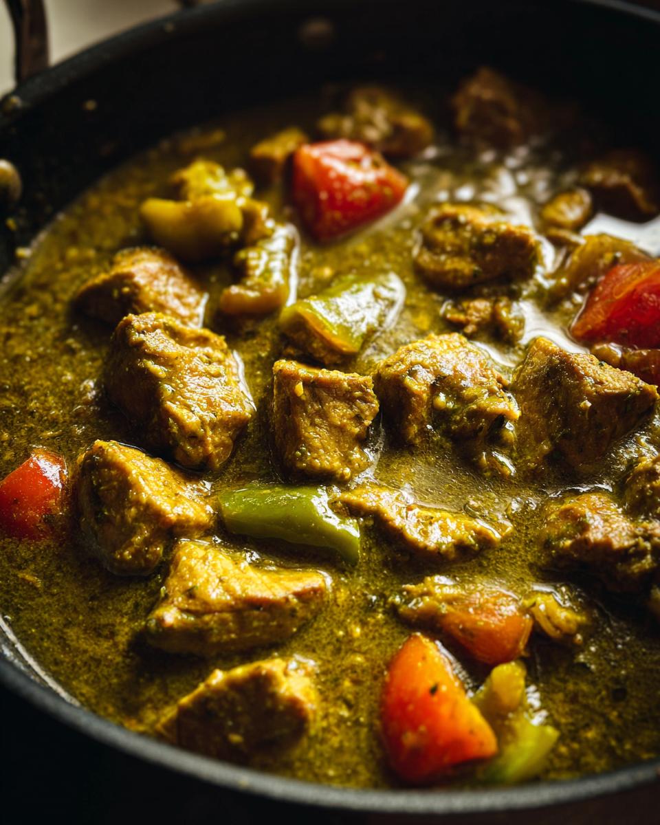 Amazing Pork Green Chili: 100% Comfort 2 Close-up shot of Pork Green Chili with chunks of pork, tomatoes, and peppers in a green sauce.