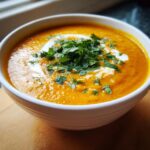 Close-up of a bowl of Pumpkin Curry Soup, garnished with fresh herbs and cream.
