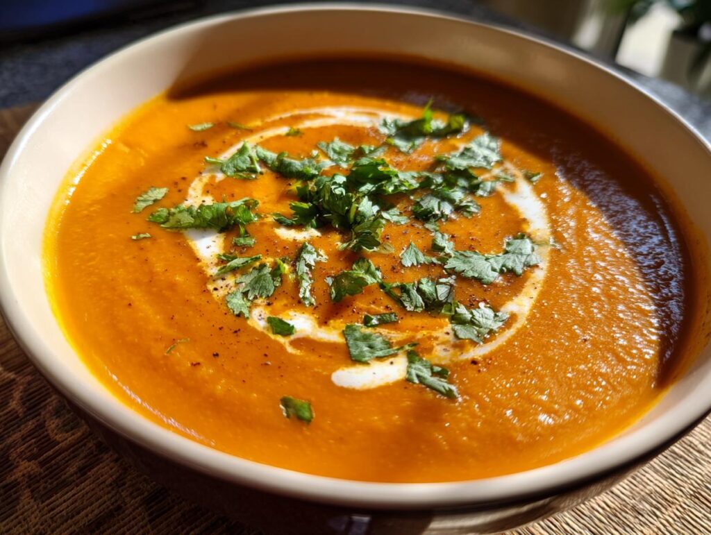 A bowl of delicious Pumpkin Curry Soup, garnished with fresh herbs and a swirl of cream.