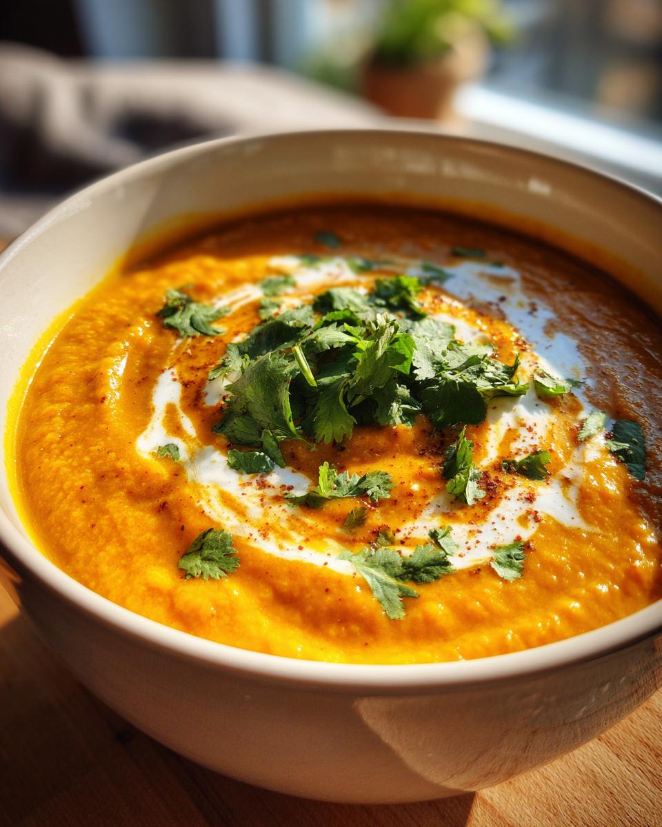 Close-up of a bowl of Pumpkin Curry Soup, garnished with cream and cilantro.