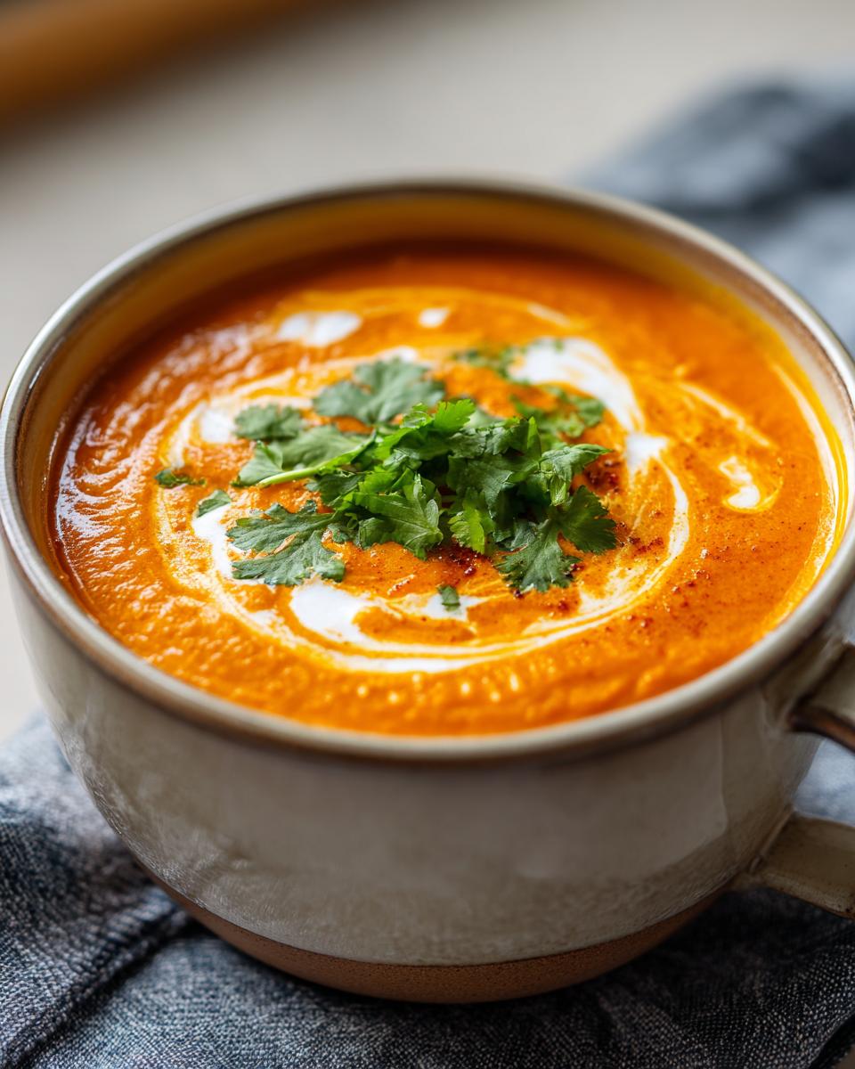 Close-up of a bowl of Pumpkin Curry Soup, garnished with cream and cilantro.
