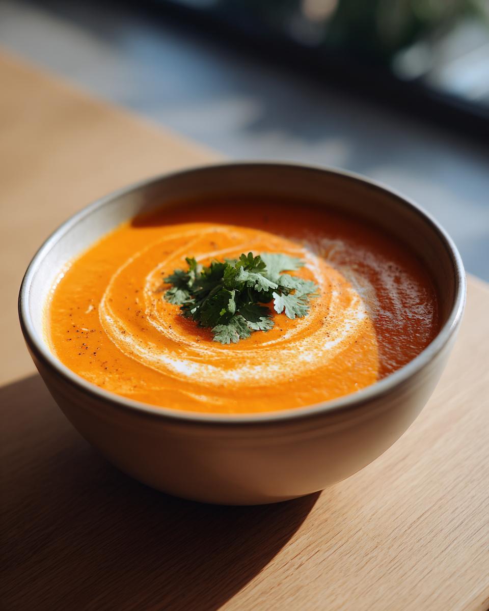 Bowl of creamy Pumpkin Curry Soup, garnished with fresh herbs and a swirl of cream.