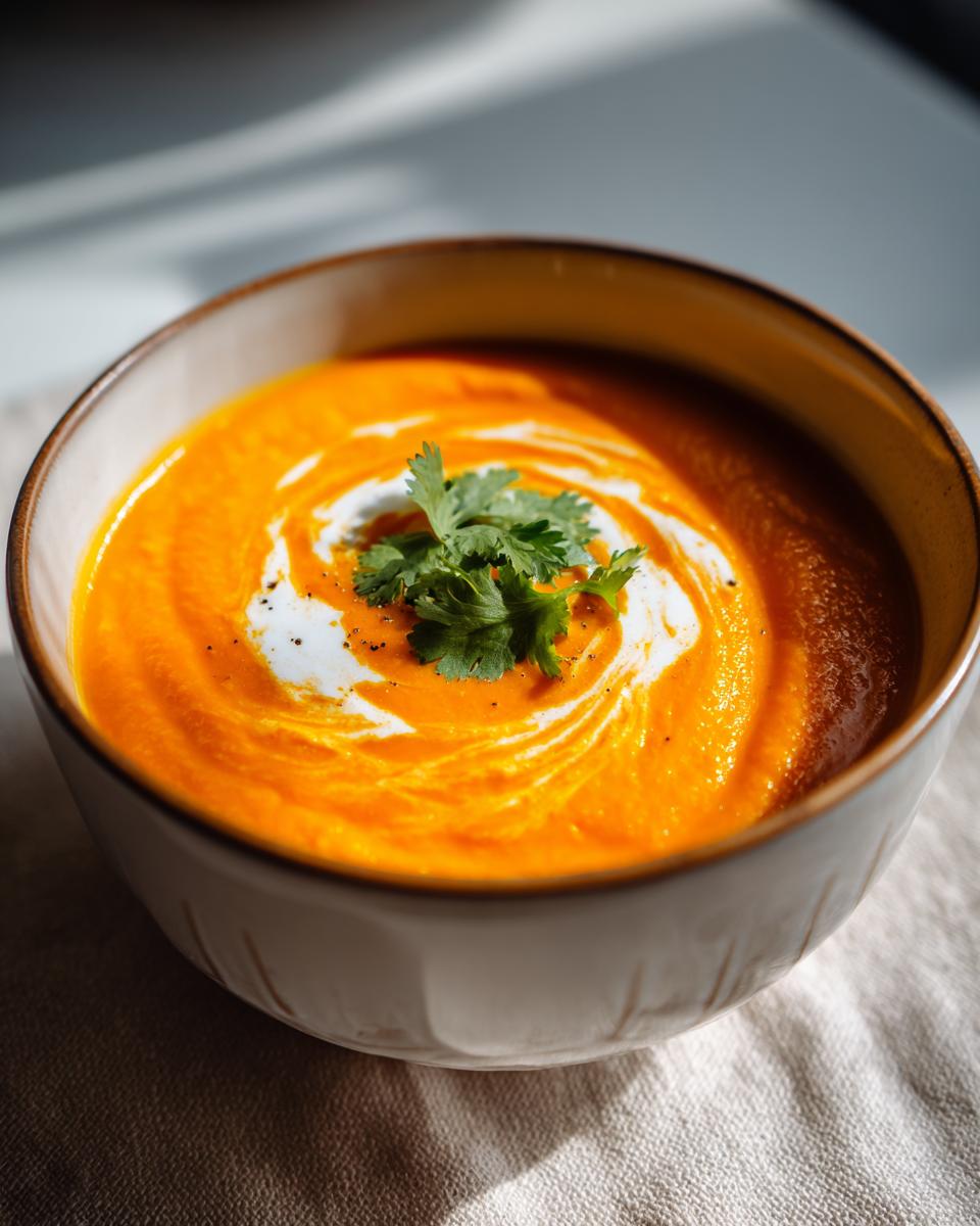 A bowl of creamy Pumpkin Curry Soup, garnished with cream and cilantro.