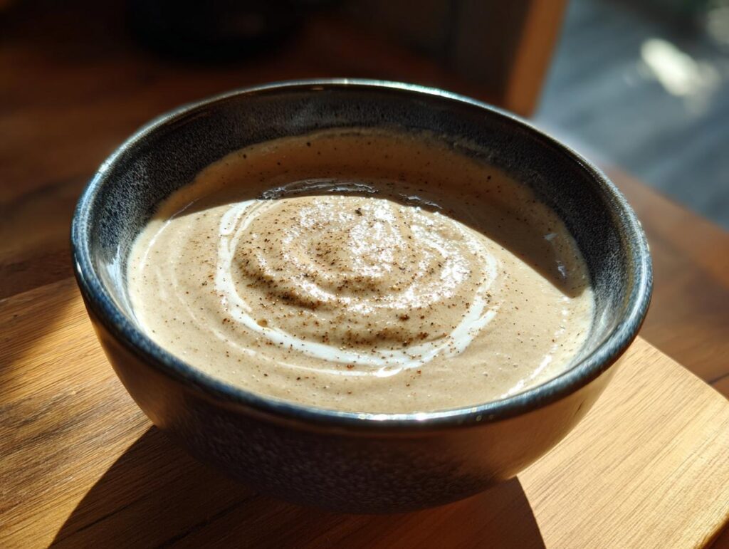 Close-up of a bowl of creamy Roasted Cauliflower Soup, garnished with cream and pepper.