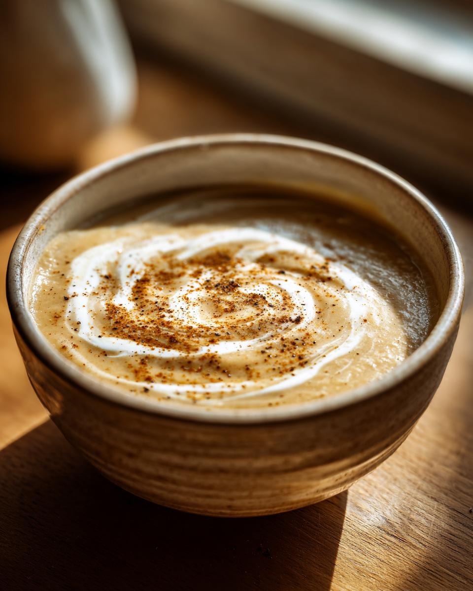 Close-up of a bowl of creamy Roasted Cauliflower Soup, garnished with cream and spices.