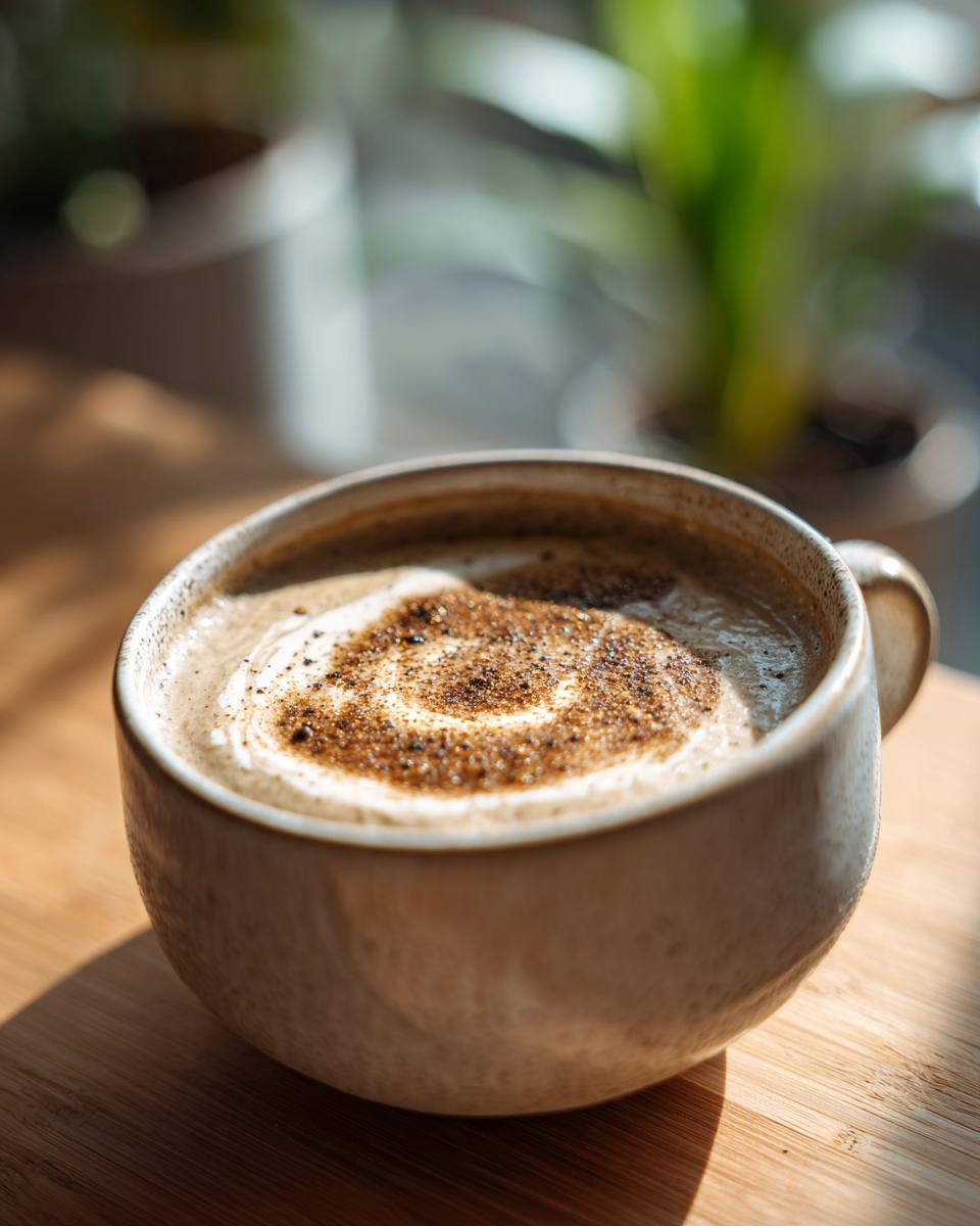 Dreamy Roasted Cauliflower Soup: 4 Servings 3 Close-up of a mug of creamy Roasted Cauliflower Soup, topped with a swirl of cream and spices.
