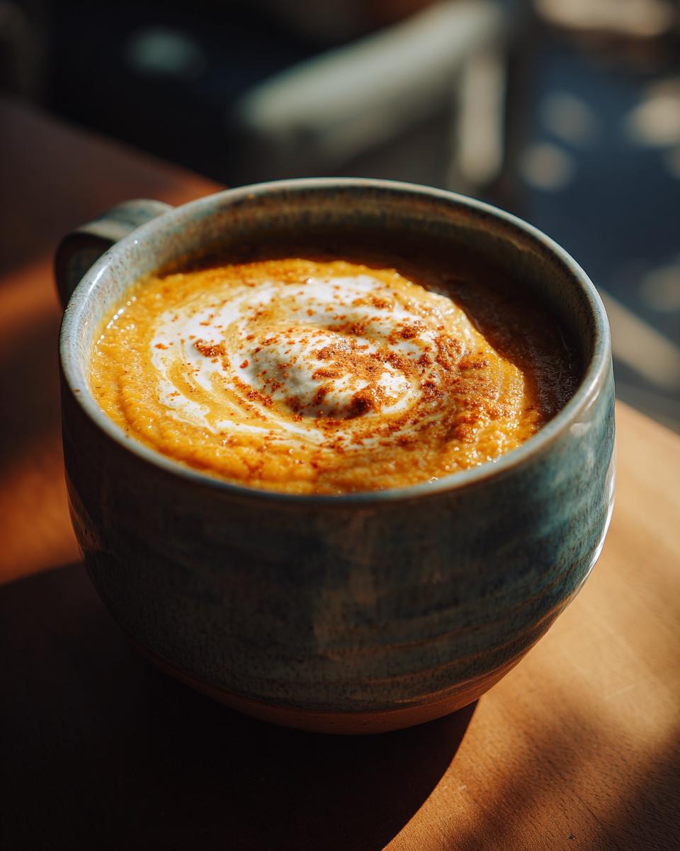Dreamy Roasted Cauliflower Soup: 4 Servings 2 Close-up of a mug of creamy Roasted Cauliflower Soup, topped with cream and spices.