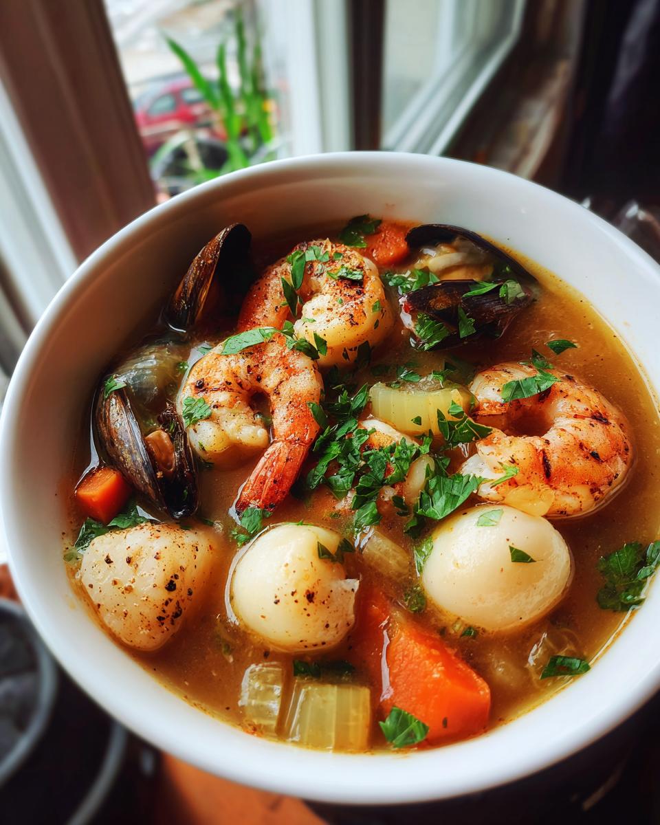 Close-up of a bowl of delicious Seafood Soup with shrimp, scallops, and mussels.