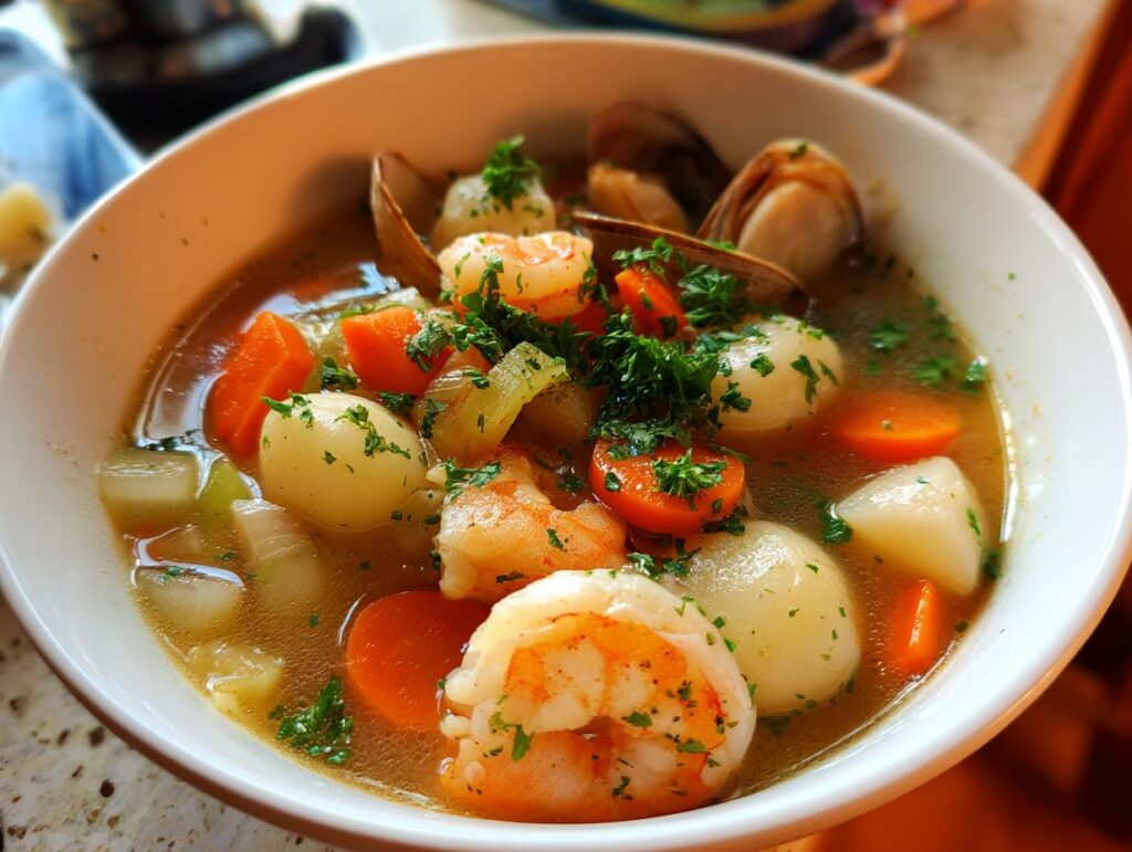 Close-up of a bowl of delicious Seafood Soup with shrimp, clams, and vegetables.