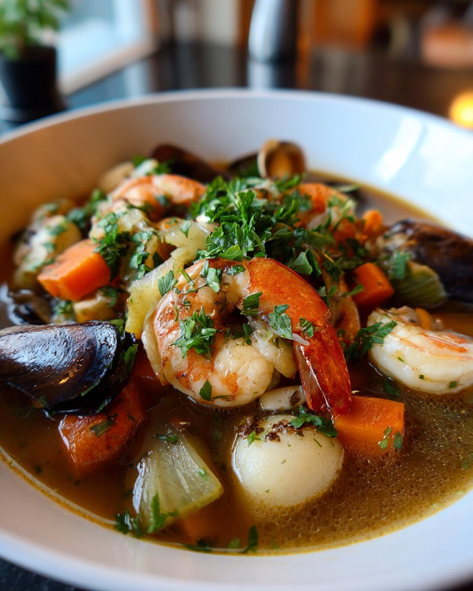 Close-up of a bowl of delicious Seafood Soup with shrimp, mussels, and vegetables.
