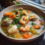 Close-up of a bowl filled with Seafood Soup, featuring shrimp, clams, and vegetables.