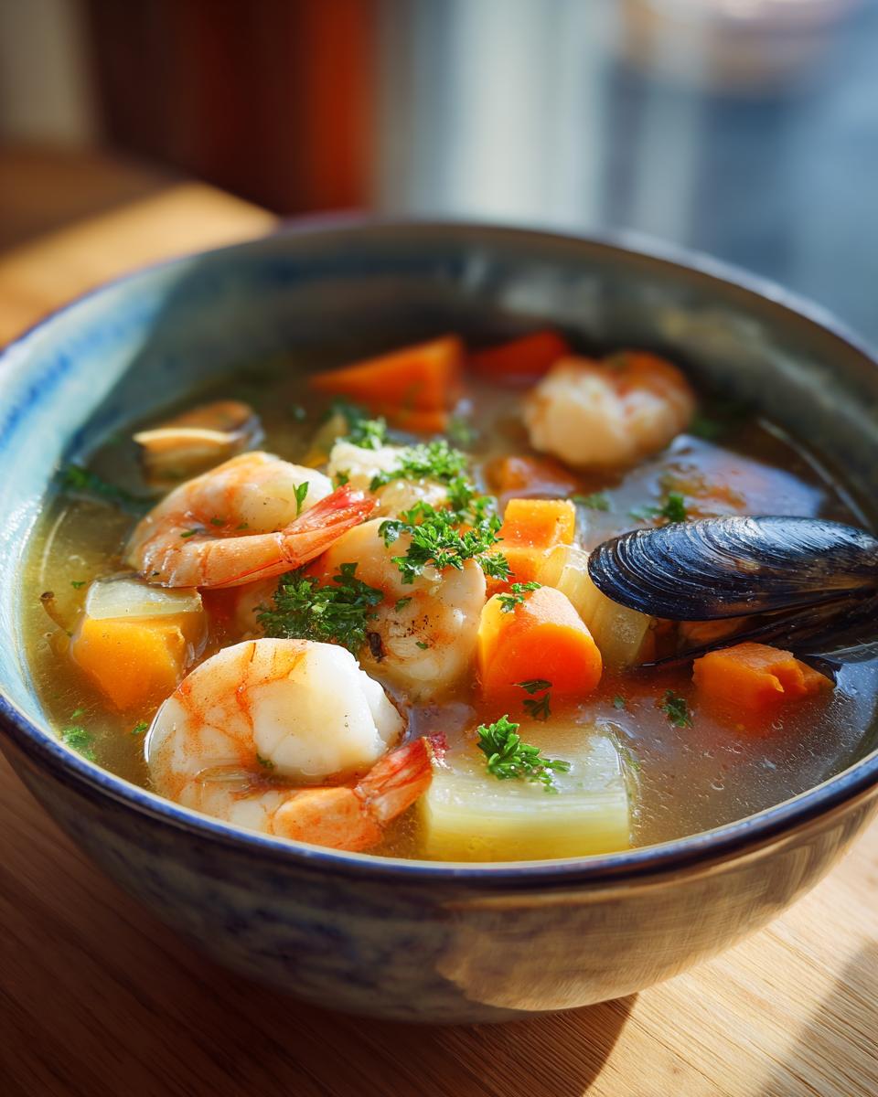 Close-up of a bowl of delicious Seafood Soup with shrimp, mussels, and vegetables.