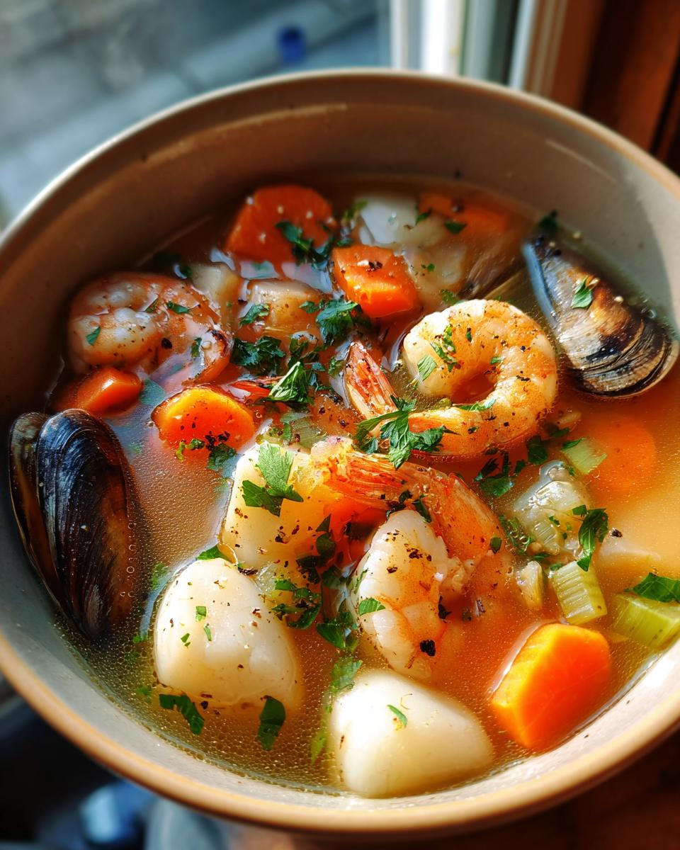 Close-up of a bowl of delicious Seafood Soup with shrimp, scallops, mussels, and vegetables.