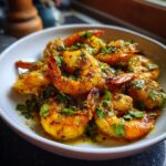 Close-up of a bowl of delicious Shrimp Curry, garnished with fresh herbs.
