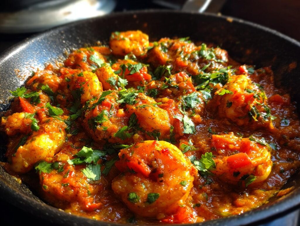 Close-up of a flavorful Shrimp Curry in a pan, garnished with fresh herbs.