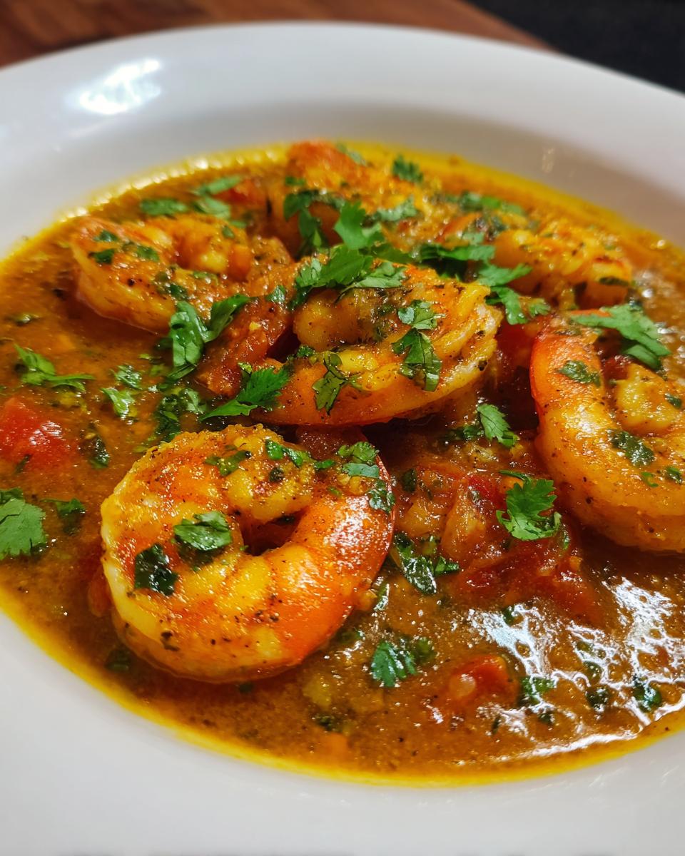 Close-up of a bowl of Shrimp Curry, garnished with fresh cilantro.