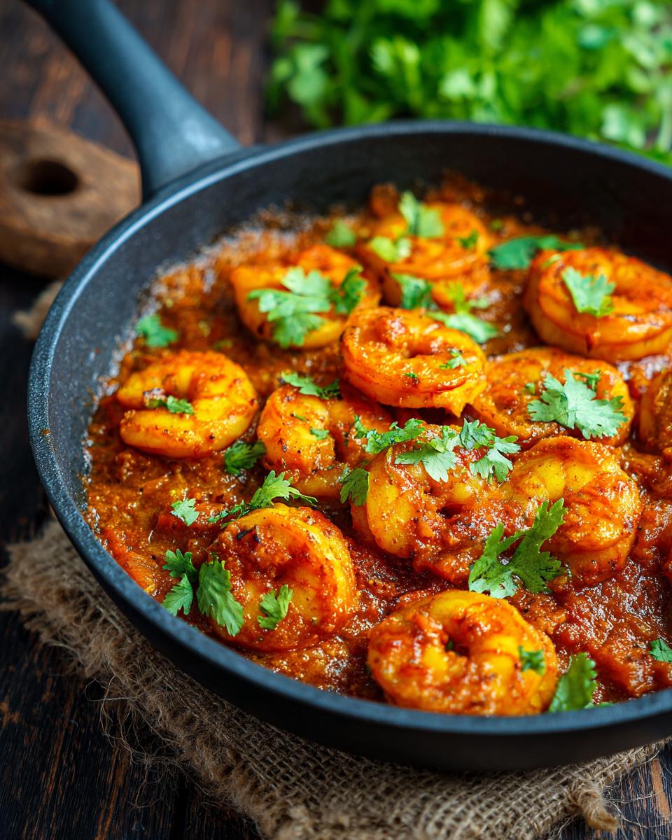 Close-up of a pan of flavorful Shrimp Curry garnished with fresh cilantro.