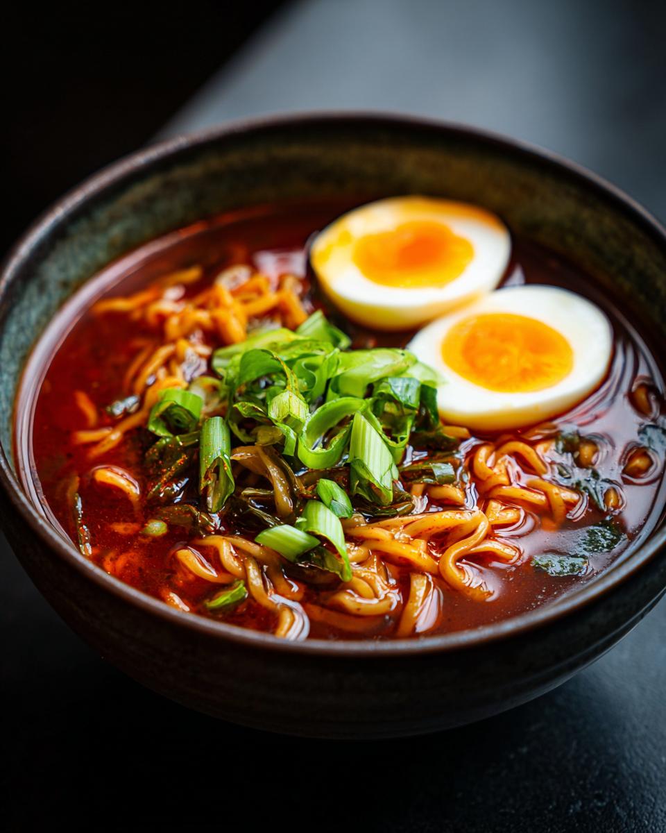 Amazing Spicy Ramen in Under 15 Minutes 4 Close-up of a bowl of Spicy Ramen with noodles, egg, and green onions.