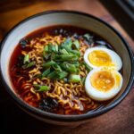 Close-up of a bowl of spicy ramen with noodles, broth, egg, and green onions. This is a delicious Spicy Ramen.