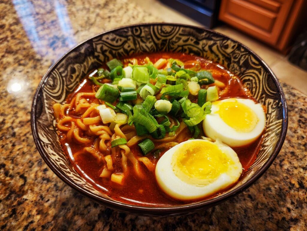 A bowl of Spicy Ramen with noodles, broth, egg, and green onions.