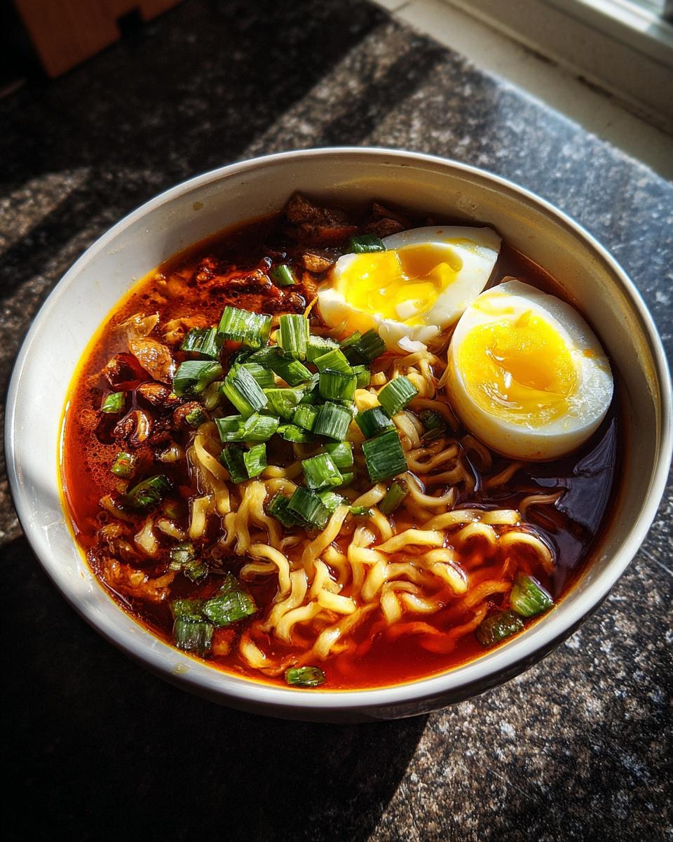 Amazing Spicy Ramen in Under 15 Minutes 3 A close-up of a bowl of Spicy Ramen with noodles, egg, and green onions.