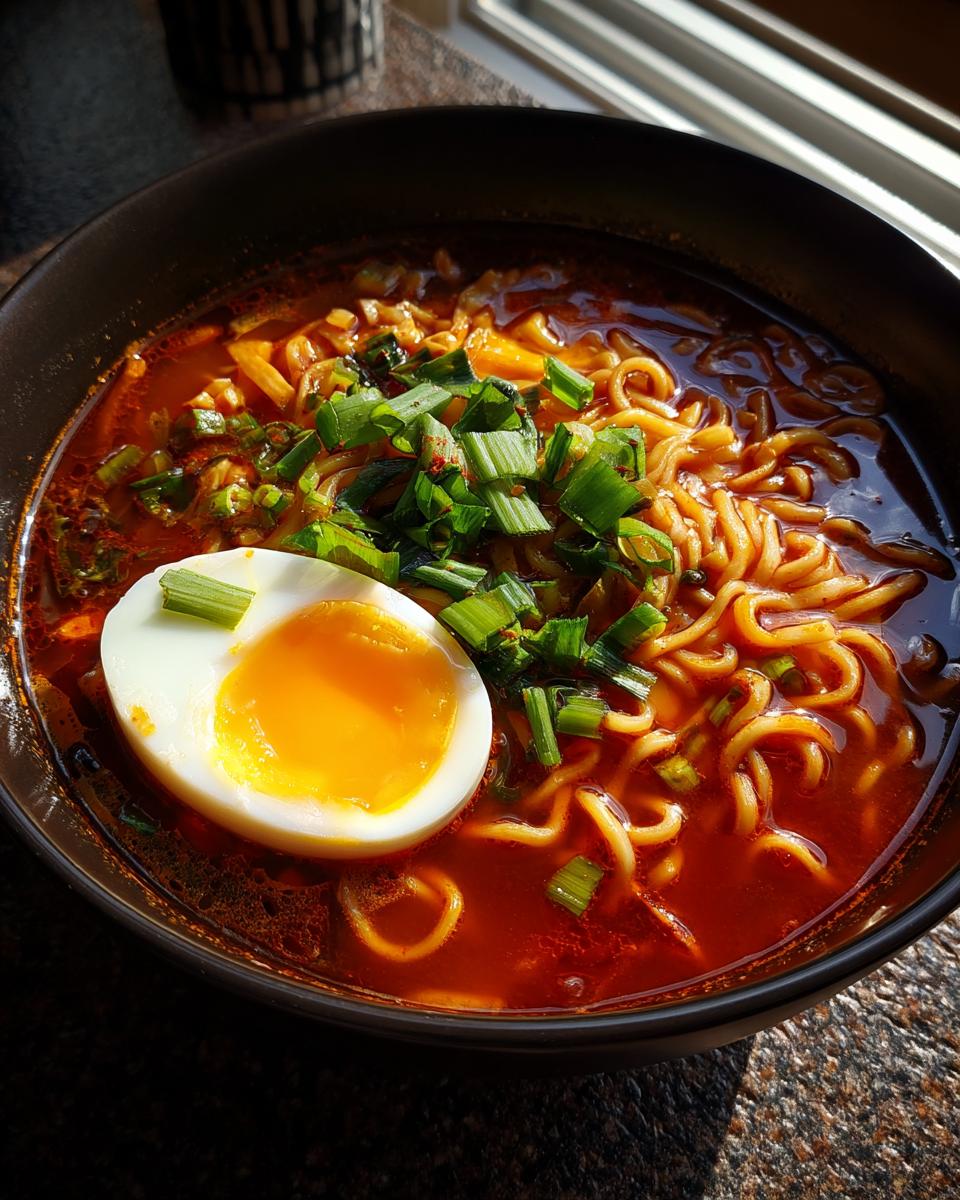 Amazing Spicy Ramen in Under 15 Minutes 5 A close-up of a bowl of Spicy Ramen with noodles, egg, and green onions.
