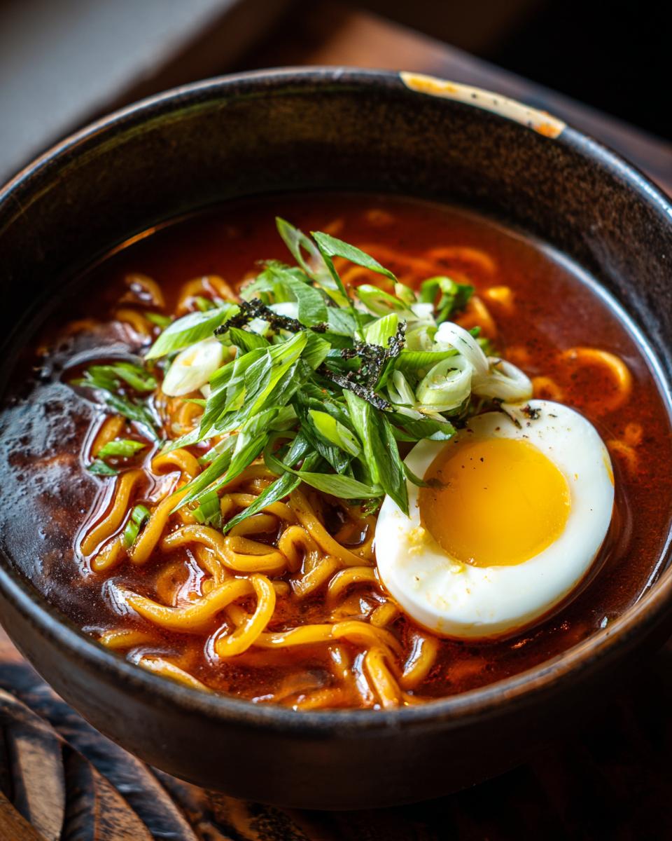 Amazing Spicy Ramen in Under 15 Minutes 2 Close-up of a bowl of spicy ramen with noodles, egg, and green onions.