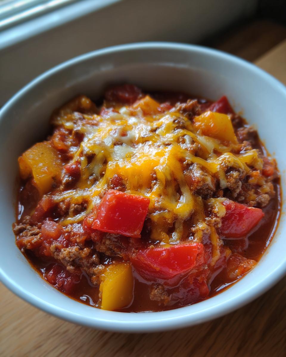 Amazing Stuffed Pepper Soup: 1 Hour Comfort 1 A bowl of delicious Stuffed Pepper Soup with melted cheese, bell peppers, and ground meat.