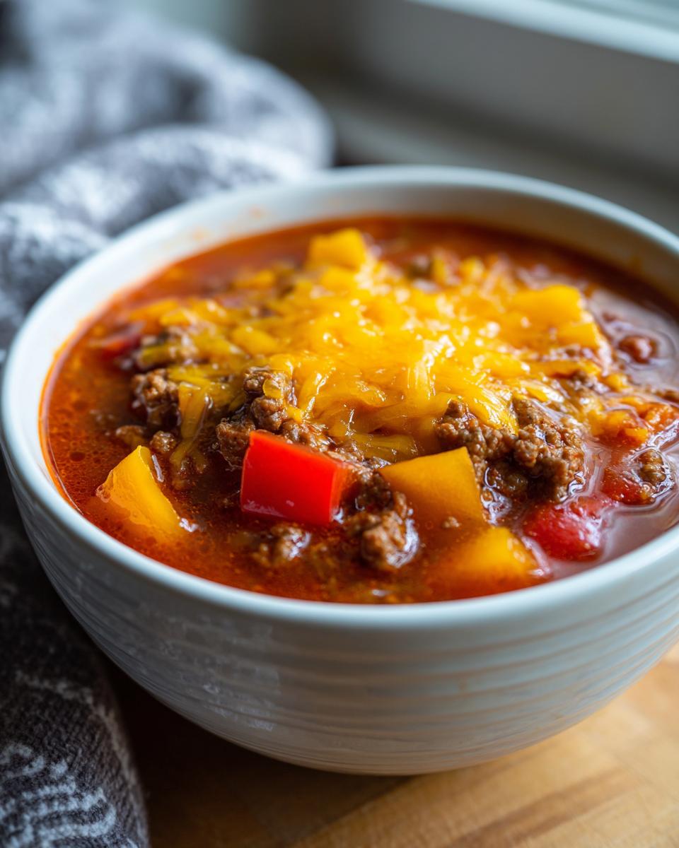 Amazing Stuffed Pepper Soup: 1 Hour Comfort 2 A close-up of a bowl of Stuffed Pepper Soup with ground meat, bell peppers, and melted cheese.