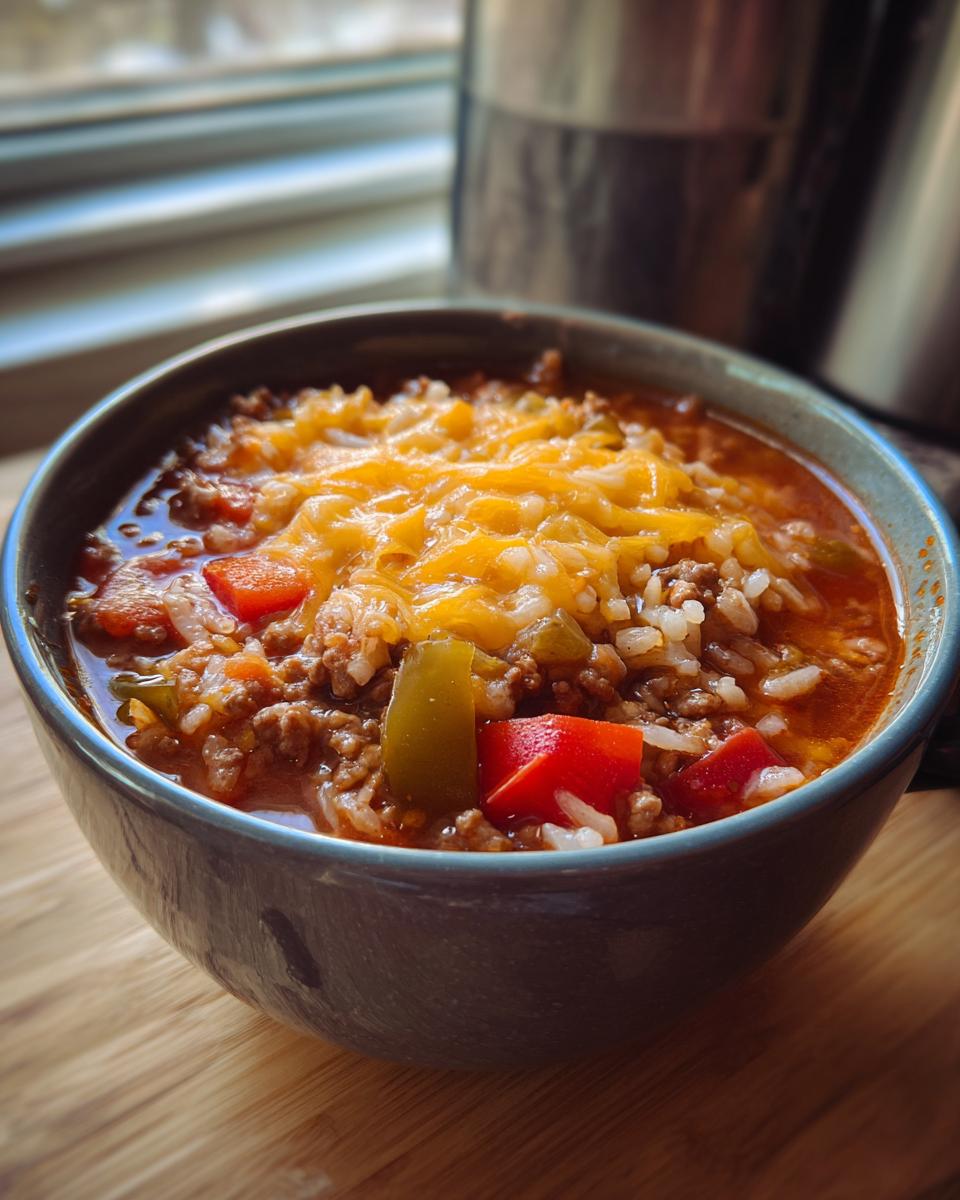 Amazing Stuffed Pepper Soup: 1 Hour Comfort 3 Close-up of a bowl of Stuffed Pepper Soup with cheese, rice, and vegetables.