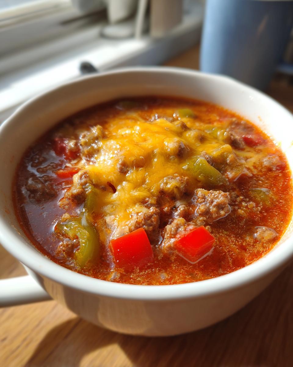 Amazing Stuffed Pepper Soup: 1 Hour Comfort 4 Close-up of a bowl of delicious Stuffed Pepper Soup with melted cheese.