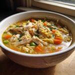 Close-up of a bowl of Turkey Noodle Soup with shredded turkey, noodles, and vegetables.